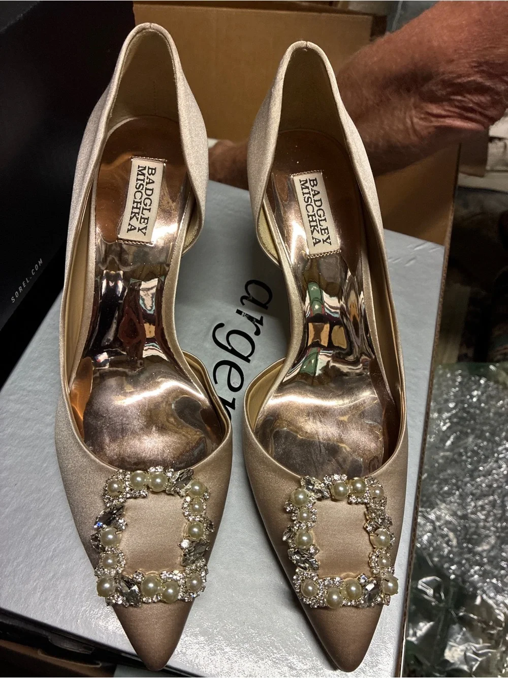 Badgley Mischka Champagne Satin Pointed Toe Pumps with Pearl & Crystal Buckle